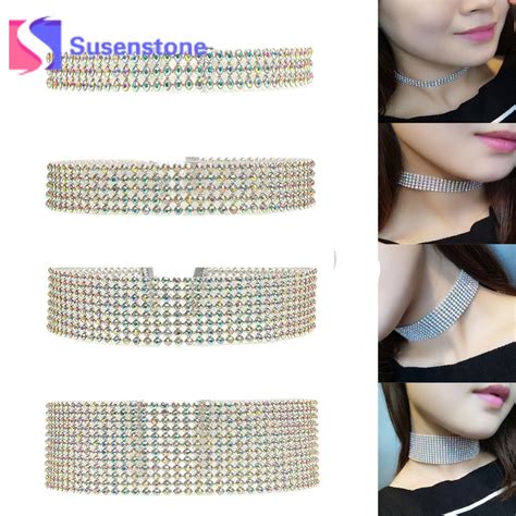 4pcs Colorful Multilayer Stretch Rhinestone Crystal Choker Necklaces