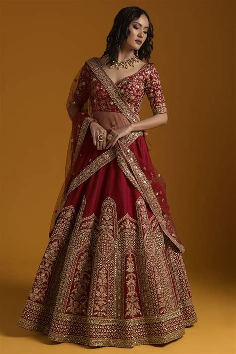 Buy Red Pink Shaded Sequins Embroidered Silk Bridal Lehenga Online