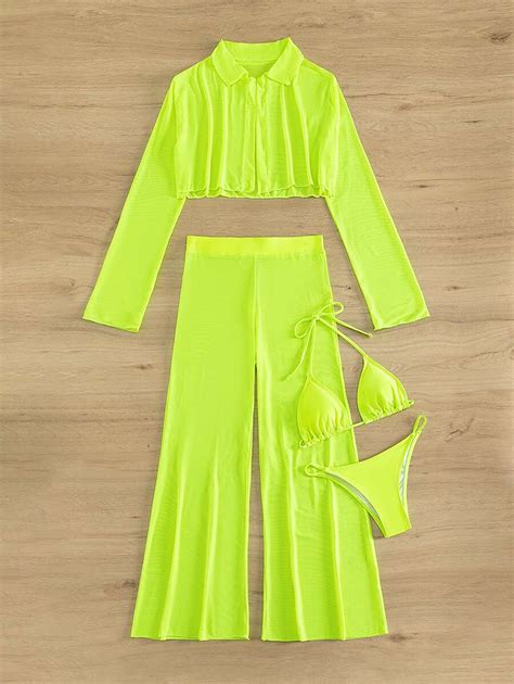 Shein Swim Vcay Summer Beach Sheer Bikini Set Halter Triangle Bra Thong Cover Up Shirt