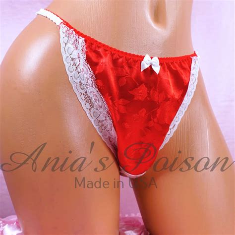 Anias Christmas SATIN Red Floral Stiff Satin White Lace String Bikini Womens Cut Panties Sz