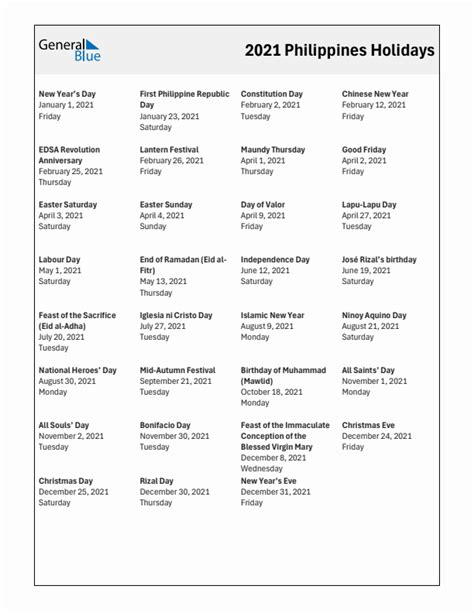 2021 Philippines List Of Holidays In Pdf Word And Excel