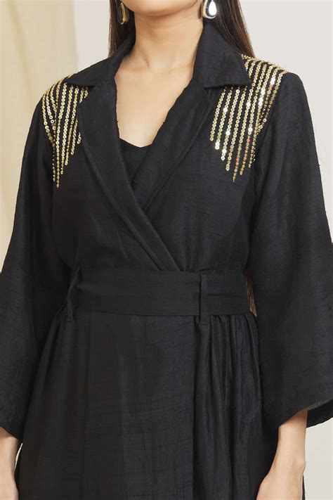 Buy Surendri Black Raw Silk Sequin Embellished Kimono Jacket And Pant Set Online Aza Fashions