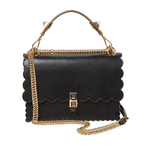 Gorjy Fendi Kan I Black Calf Leather Gold Chain Studded Shoulder Bag