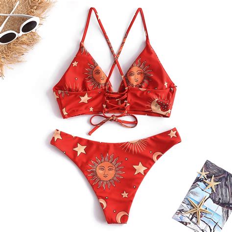 Zaful Ster Zon Maan Lace Up Bikini Set Spaghettiba Grandado