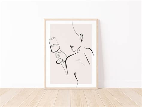 Line Art Woman Wine Line Art Naked Woman Body Print Female Drawing Female With Wine