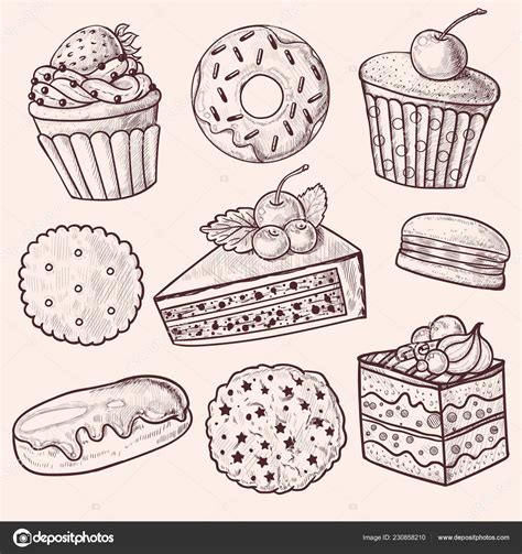 Set Bakery Products Desserts Hand Drawing Style Vector Illustration