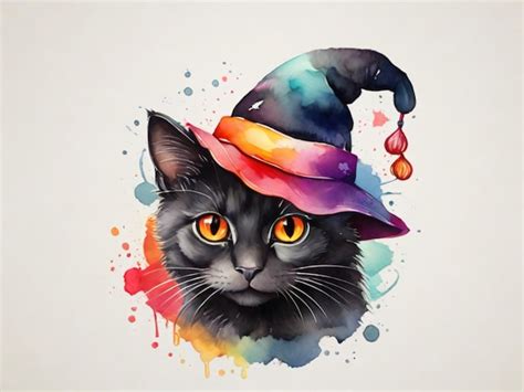 Premium Photo Painting Of A Black Cat Wearing A Witch Hat