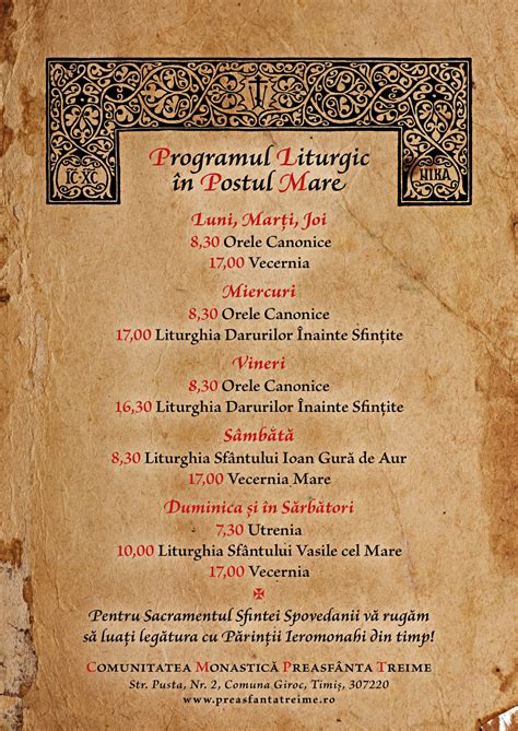 Program Liturgic In Postul Mare Comunitatea Monastic