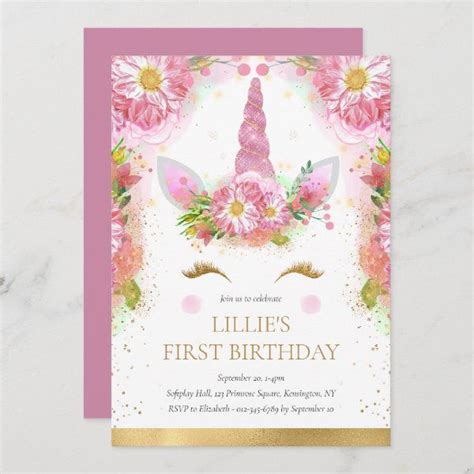 Unicorn 1st Birthday Pink Gold Glitter Invitation Zazzle Glitter