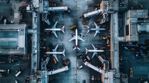 A birds eye view of multiple jet bridges showcasing the bustling energy