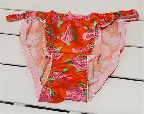 Shiny Double SILK Gusset String Bikini Panty Wet Look L PINK FLORAL Print EBay