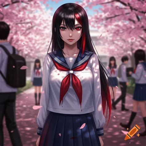 smiling anime girl  dark hair  red bow  pink eyes   school