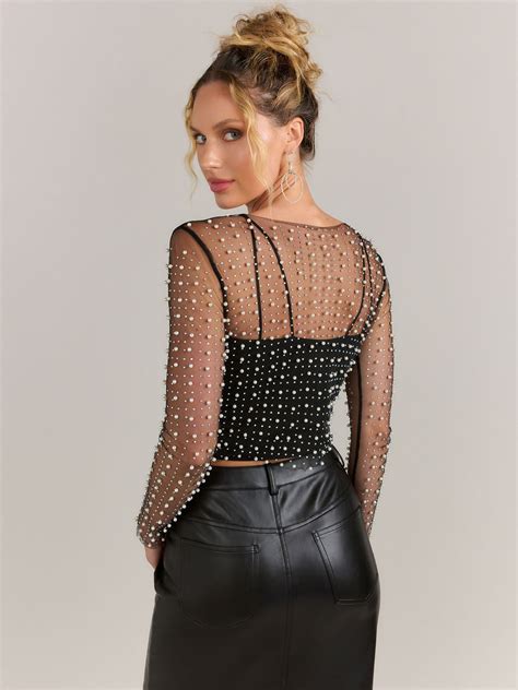 Vine Tree Rhinestone Pearl Embellished Mesh Crop Top - Brands We Love