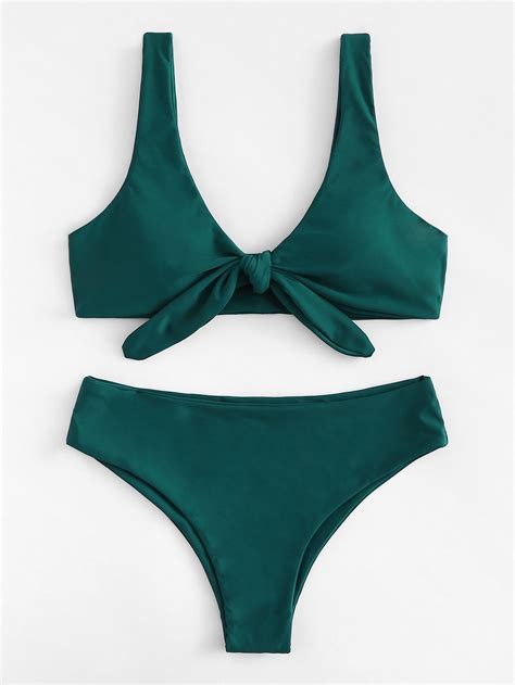 Knot Front Plain Bikini Set De Biquini Moda Biqu Ni E Biqu Ni