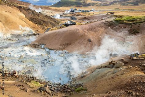 Geothermal area in Krysuvik on early sunny morning, Southern Peninsula ...