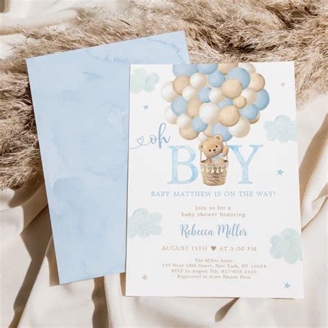 Blue Boy Teddy Bear Hot Air Balloon Baby Shower Invitation Zazzle