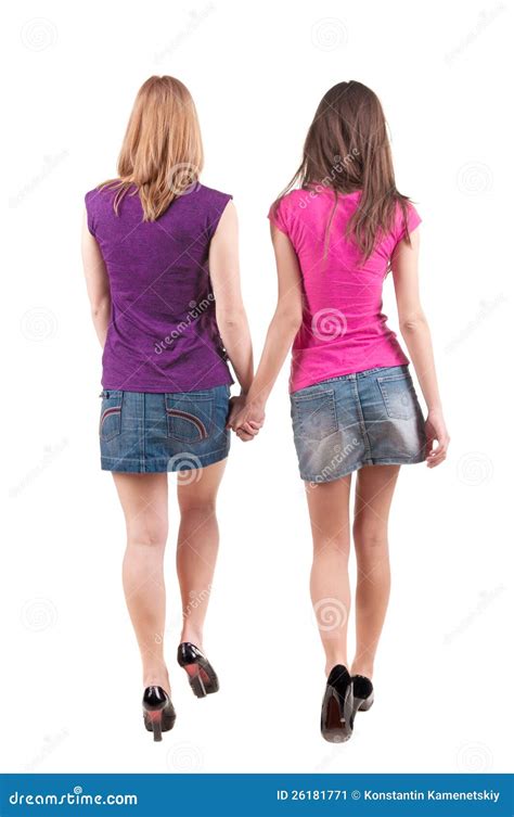 Het Achter Mening Gaan Van Jong Meisje Twee Brunette En Blonde Stock