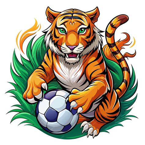 Premium Vector | A tiger playing with a soccer ball in grass