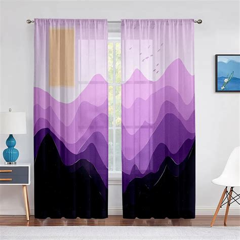 Purple Mountains Abstract Minimalist Landscape Sheer Voile Curtains For