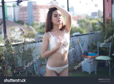 Sexy Beautiful Asian Woman White Lingerie Foto Stok Shutterstock