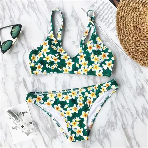 Women Summer Bikini Green Floral Basic Sexy Two Piece Swimwear Set Set Two Pieces Set Pieceset