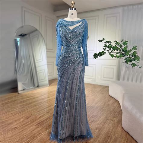 Serene Hill Arabic Silver Nude Beaded Elegant Mermaid Blue Luxury Dubai Evening Dresses Gowns