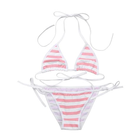 Abafip Womens Micro Tanning Bikini Kawaiii Japanese Anime Lingerie Set Cute Stripe Tiny Bra