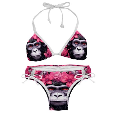 Pink Monkey Gorilla Detachable Sponge Adjustable Strap Bikini Set Two Pack Bikinis Swimsuits