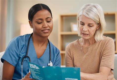 Premium Photo Healthcare Mature Woman And Nurse With Brochure Or Pamphlet For Diagnosis