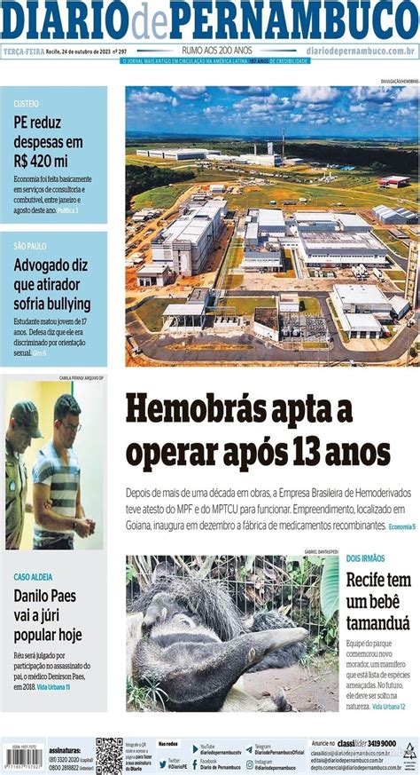 Capa Diario De Pernambuco Edi O Ter A De Outubro De