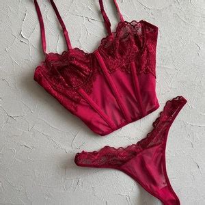 Corset Lingerie Set White Black And Red Etsy