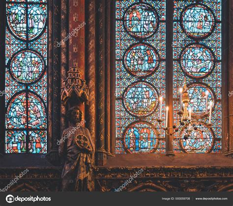 Interior Sainte Chapelle Paris Stained Glass Windows Statue Jesus Lit