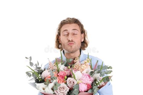 Young Handsome Man with Beautiful Flower Bouquet on White Stock Photo ...