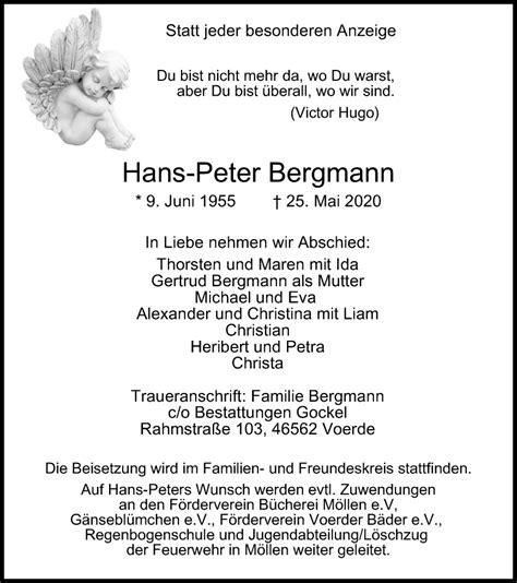 Traueranzeigen Von Hans Peter Bergmann Trauer In Nrw De