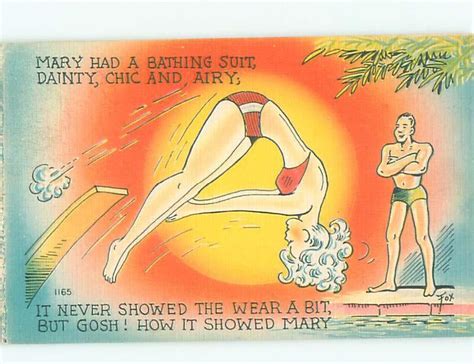 Linen Risque MAN Admires Bikini Girl On Diving Board Ab6380 Topics Risque Women Vintage