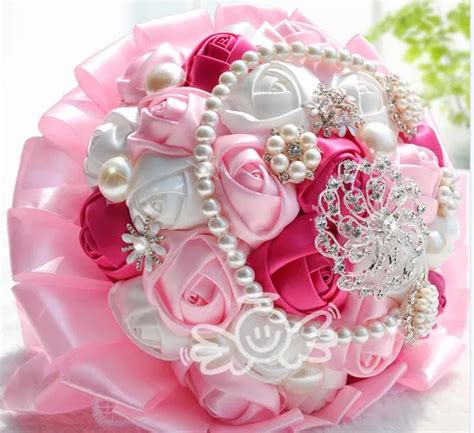 Luxury Crystals Pearls Brooches Bridal Wedding Bouquets Pink Rose Lace