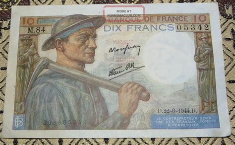 1944 French Banknote 10 Francs Vf Ef