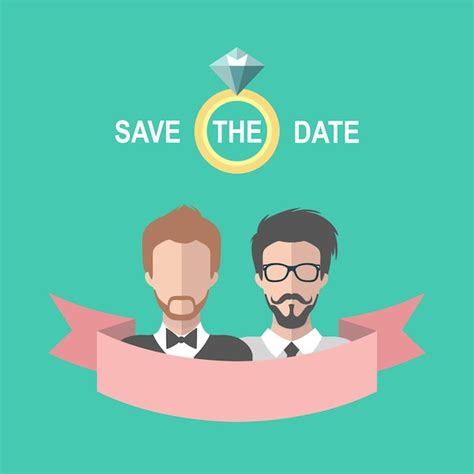 Premium Vector Vintage Gay Wedding Romantic Card With Ribbon Ring Two Grooms In Flat Style