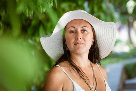 Happy Cute Brunette Woman In Park On Summer Day Cheerful Beautiful Woman Stock Image Image Of