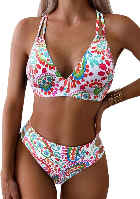Tainehs Women S Push Up V Neck Bikini Sets Criss Cross Back Two Piece Bathing Suit