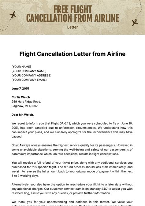 Flight Cancellation Letter From Airline Template Edit Online