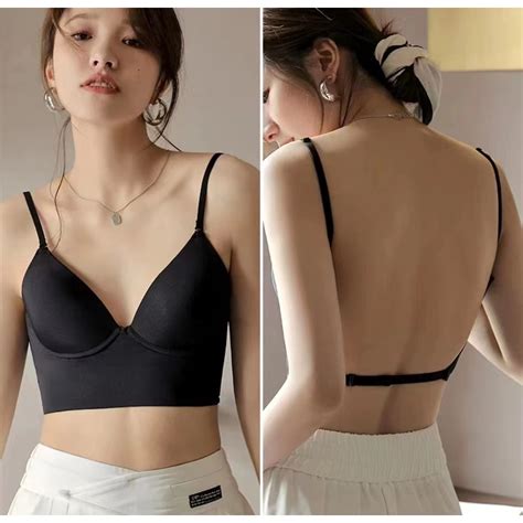 Women Sexy Backless Bra Thin Cup Bra Female Wireless Push Up Lingerie Deep U Low Back Thin Cup