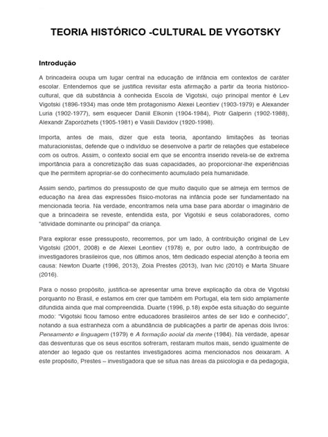 A Teoria Histórico Cultural De Vygotsky Pdf Aprendizado Pedagogia