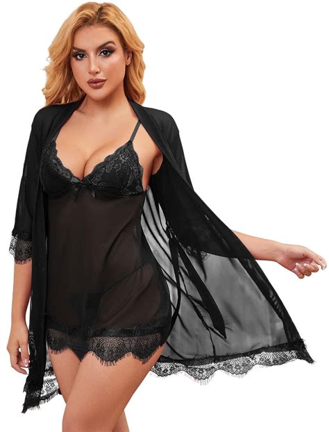 Lofir Women Sexy Lingerie Set Piece Lace Kimono Robe Strap Chemise Sleepwear Mesh Nightgown