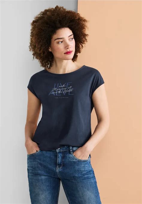 Street One Basic T Shirt Mit Wording F R Damen In Blau Street One