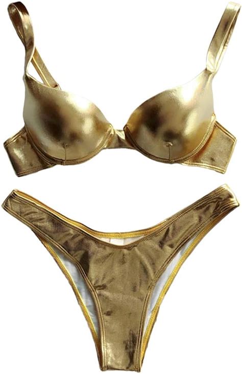 Amazon Women Sexy Bikini Reflective Shiny Metallic Swimsuit Push Up Underwire Beachwear