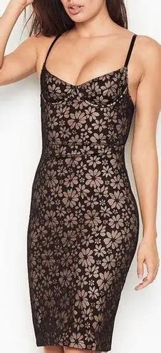 Victoria S Secret Sexy Black Nude Lace Corset Midi Dress Bodycon Tan