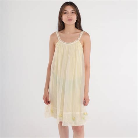 Pale Yellow Nightgown S Lingerie Slip Dress Floral Gem