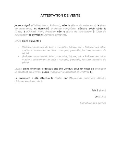 Attestation de Vente | PDF