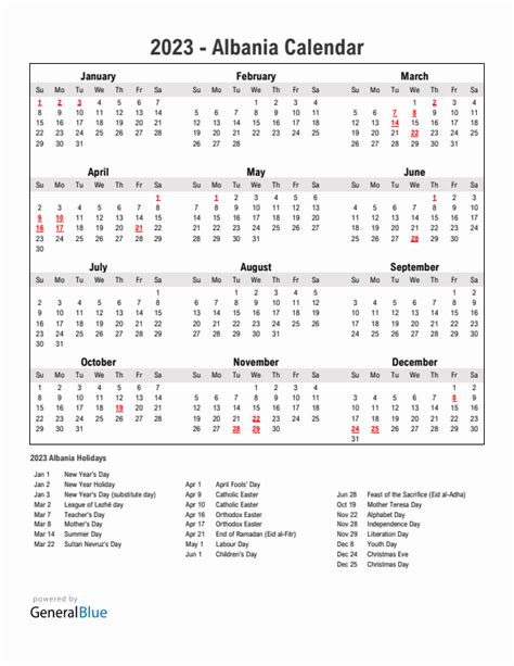 2023 Albania Calendar With Holidays